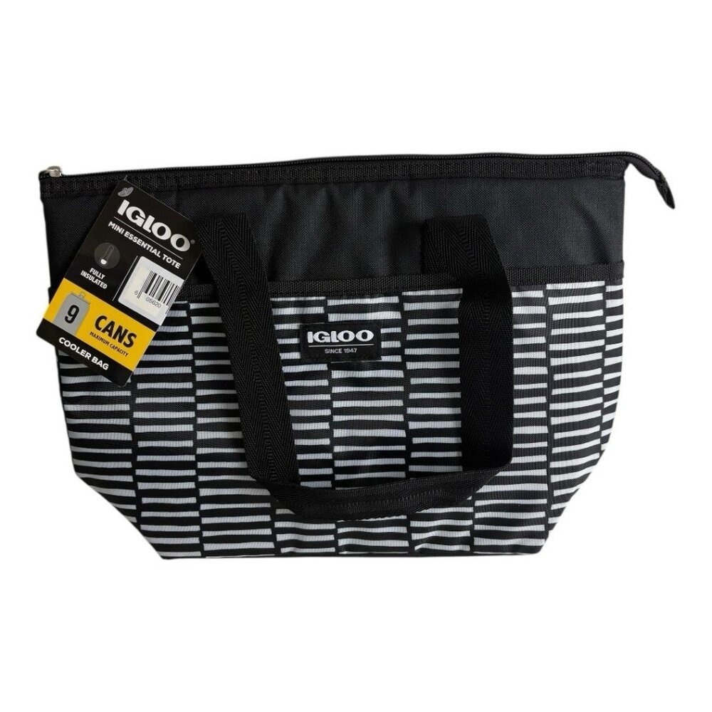 Igloo Mini Essential Tote Cooler Bag 9 Can Insulated Lunch Black Stripes NEW